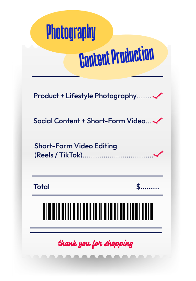Receipt-style graphic highlighting photo and content services including product and lifestyle photography, social media content, short-form video, and video editing.
