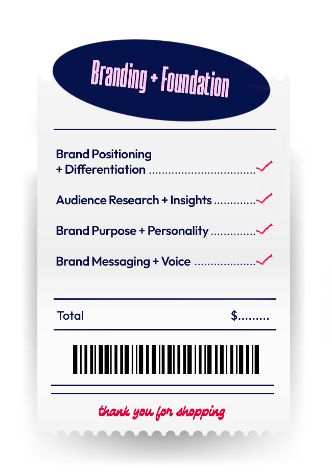 Receipt-style graphic listing branding and foundation services.