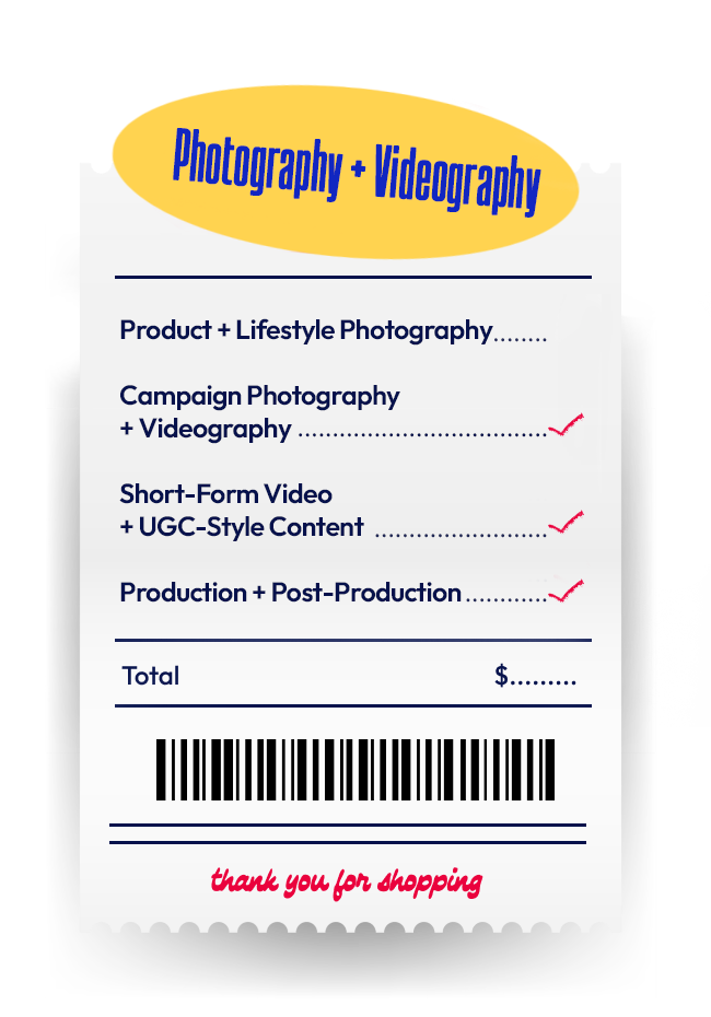 Receipt-style graphic listing photography and video services.