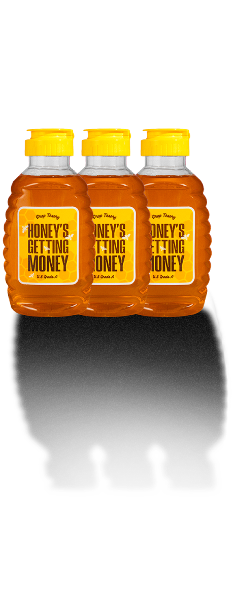 Three bottles of Drop Theory honey labeled “Honey’s Getting Money” displayed against a pink tiled background.
