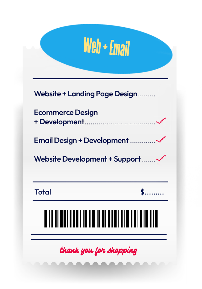 Receipt-style graphic listing web and email services.