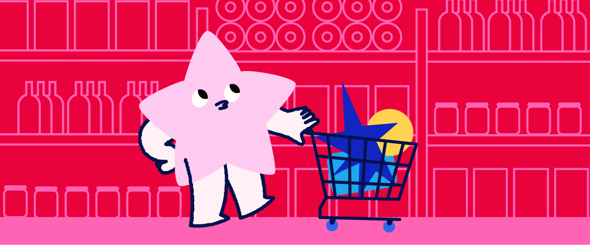 Cartoon star character pushing a shopping cart in a store aisle, representing packaging and content designed for both retail shelves and digital platforms.
