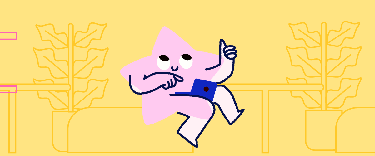 Cartoon star character relaxing on a couch using a phone, representing an in-house creative team without outsourcing