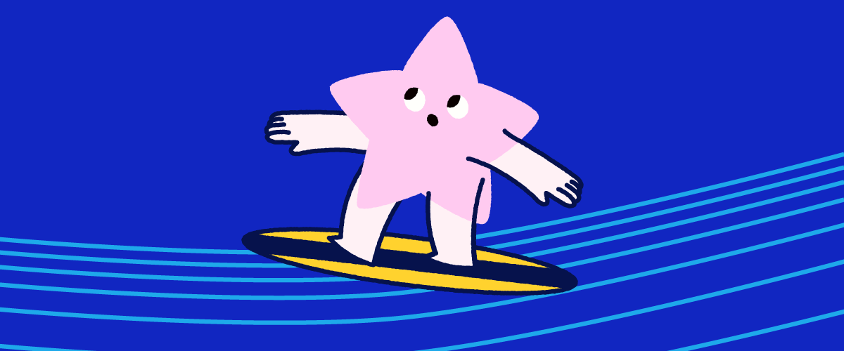 Cartoon star character surfing on a board against a blue background, representing fast-moving creative processes and quick project timelines.
