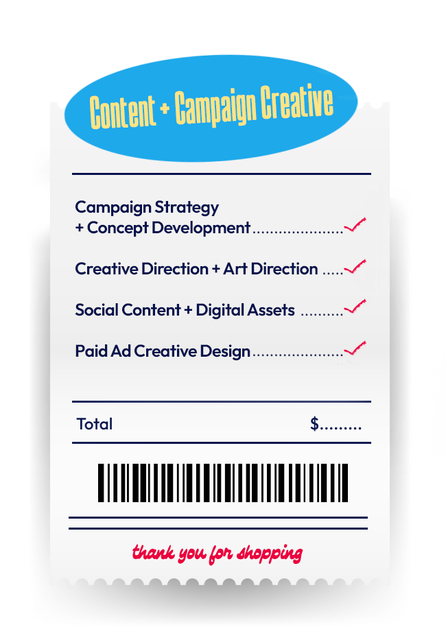 Receipt-style graphic listing content and creative services.
