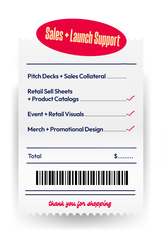 Receipt-style graphic listing sales and launch services.